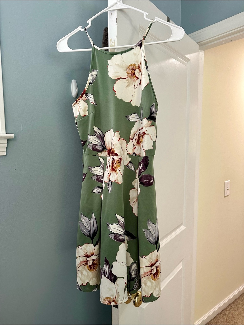 Monteau Olive Green Floral Halter Mini Dress